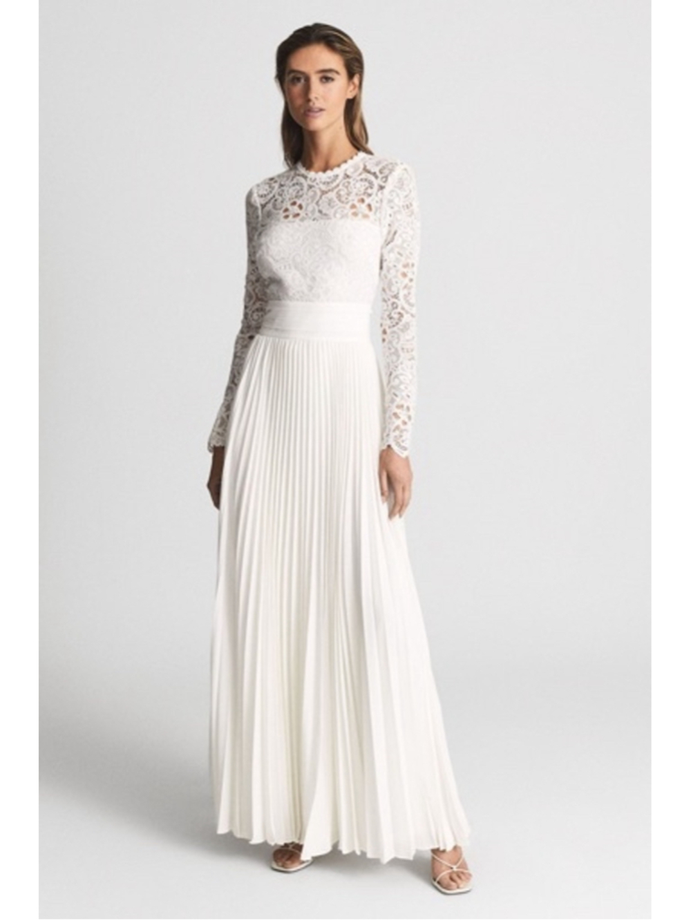 Women's Reiss White Long Sleeve Lace Pleated Maxi Dress Size 4